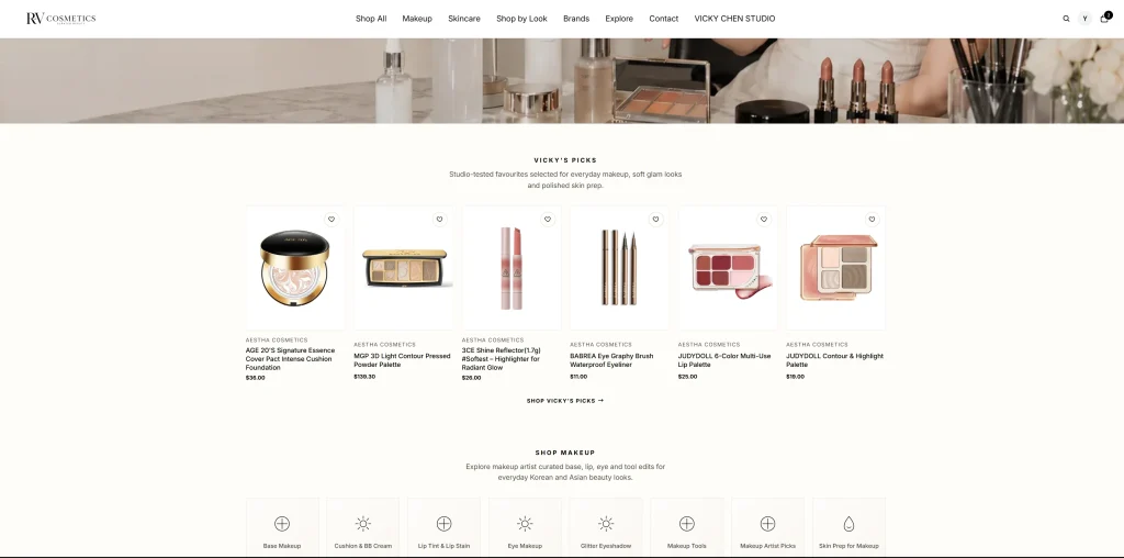 RV Cosmetics Shopify beauty website project